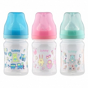 Бутылочка для кормления с соской молочной Классика, широкое горло, от 0 мес, 150 мл, разные цвета (Lubby, 22752/144/12) (ассортимент)